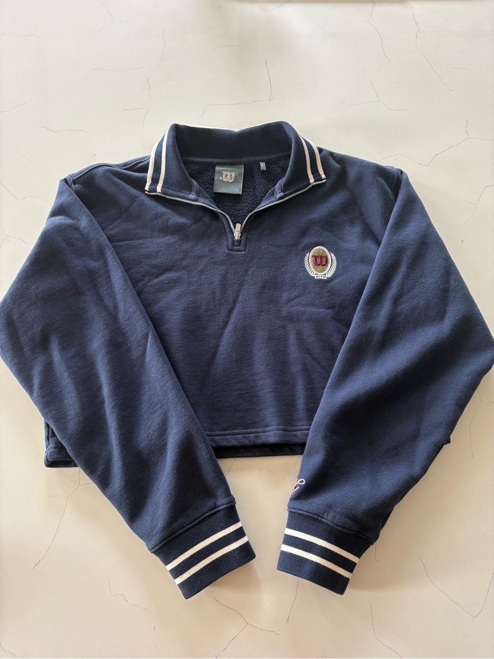 Kith x Wilson Women’s cropped quarter zip sweatshirt navy blue size S